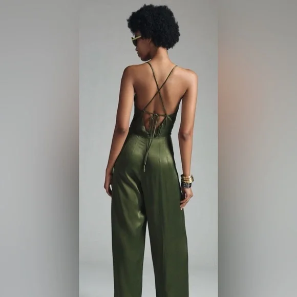 Anthropology Satin Green Jumpsuit Size 8 Wide Leg Strappy Back Elegant Evening
